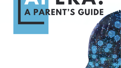 Cover of a guide titled "Protecting Kids in the AI Era: A Parent’s Guide," featuring a blue digital profile of a child’s head filled with glowing data and network patterns—highlighting cyber safety and digital security. Cyber Safety Cop logo at the bottom.