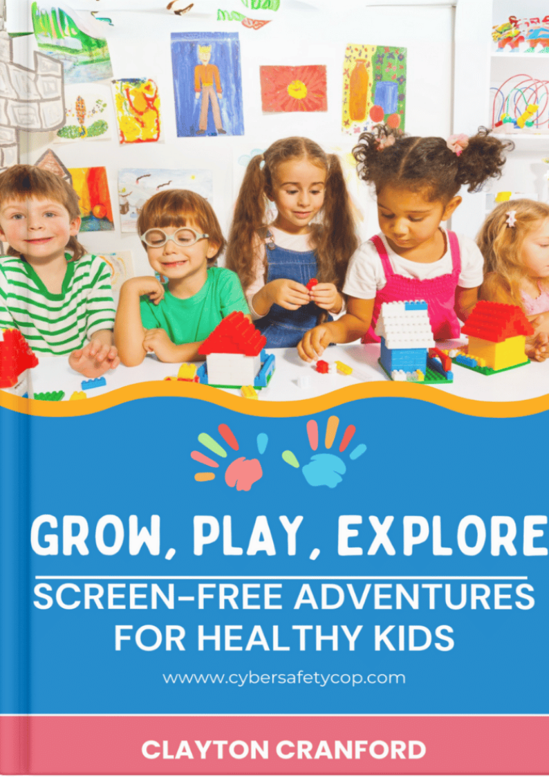 Five young children sit at a table building with colorful blocks. Behind them are bright drawings on the wall. The book title reads: "Grow, Play, Explore: Screen-Free Adventures for Healthy Kids" by Clayton Cranford, a guide to cyber safety.