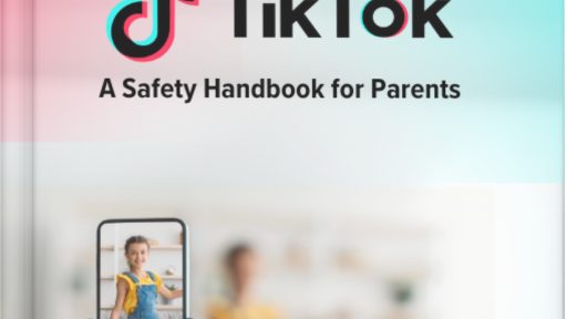 A book cover titled "Navigating TikTok: A Safety Handbook for Parents" features a blurred background of a girl filming herself on a smartphone mounted on a tripod. The Cyber Safety Cop logo, promoting digital security, appears in the bottom right corner.