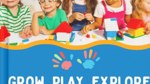 Five young children sit at a table building with colorful blocks, surrounded by vibrant drawings on a wall. The book title reads “Grow, Play, Explore: Screen-Free Adventures for Healthy Kids”—a perfect pick for cyber safety and digital security awareness.