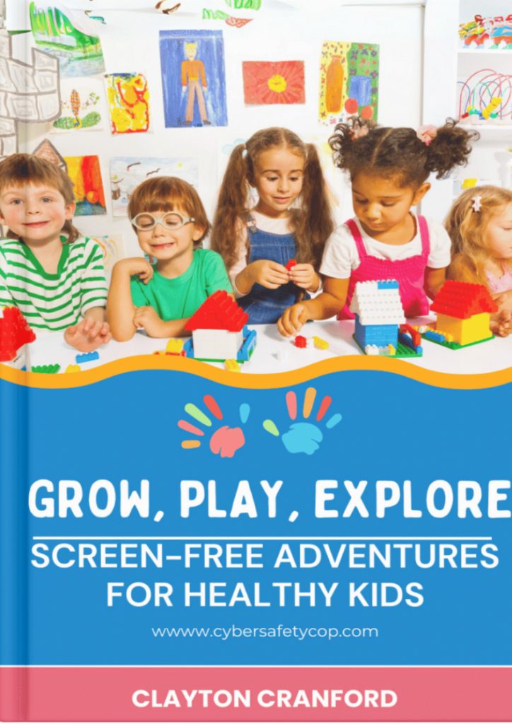 Five young children sit at a table building with colorful blocks, surrounded by vibrant drawings on a wall. The book title reads “Grow, Play, Explore: Screen-Free Adventures for Healthy Kids”—a perfect pick for cyber safety and digital security awareness.