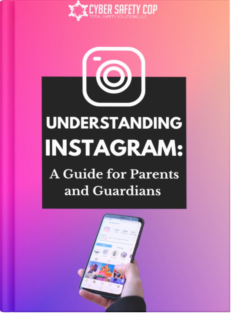 Book cover for "Understanding Instagram: A Guide for Parents and Guardians" by Cyber Safety Cop. Featuring a pink and purple gradient, it highlights cyber safety as a hand holds a phone with the Instagram app displayed.