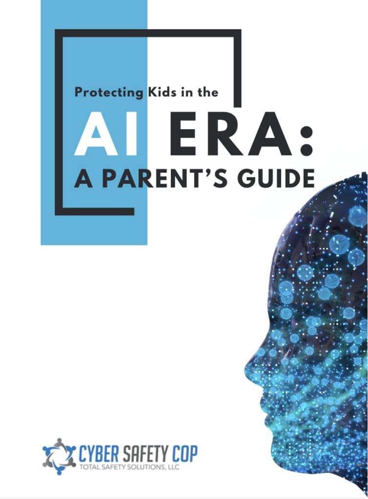 Cover of a book titled “Protecting Kids in the AI Era: A Parent’s Guide” featuring a digital illustration of a human head made of glowing blue dots and lines, highlighting cyber safety and digital security, with the Cyber Safety Cop logo at the bottom.