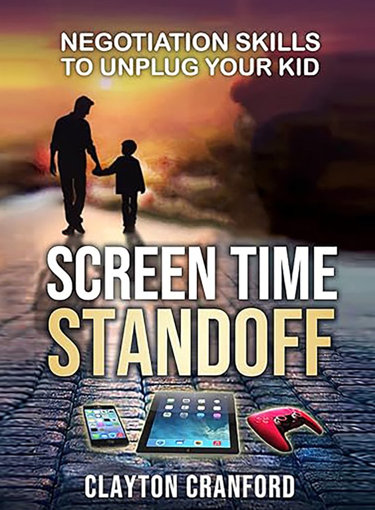 Book cover for "Screen Time Standoff" by Clayton Cranford, showing an adult and child holding hands at sunset, with a smartphone, tablet, and game controller in the foreground—highlighting themes of cyber safety and digital security.