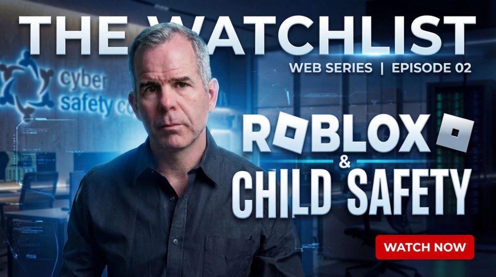 A serious man stands in a modern office with "THE WATCHLIST: ROBLOX & CHILD SAFETY" and "WEB SERIES | EPISODE 02" text, logos, and a red "WATCH NOW" button—exploring concerns like AI chatbots and growing help dependency.