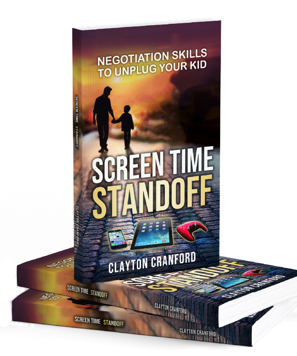 A Screen Time Book titled "Screen Time Standoff" by Clayton Cranford, featuring a cover image of an adult and child holding hands with electronic devices on the ground. Two copies of this new book are stacked beneath.
