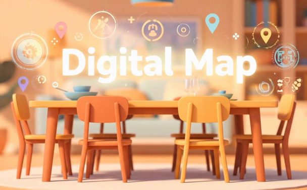A dining table with colorful chairs in a cozy room is overlaid with the text "Digital Map," digital map icons, and symbols representing parenting and family activities, highlighting parent-child challenges as location pins and gears float above.